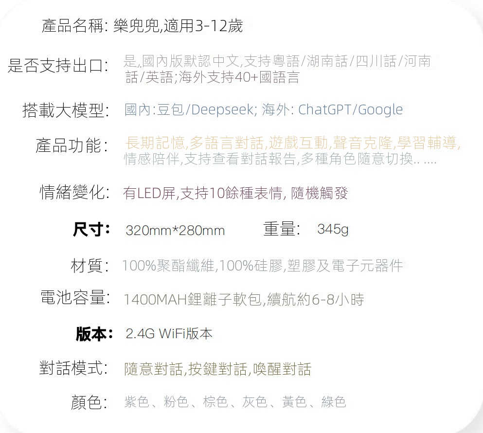 ai毛絨玩具益智智能語音對話陪伴玩偶哄睡布娃娃啟蒙公仔生日禮物